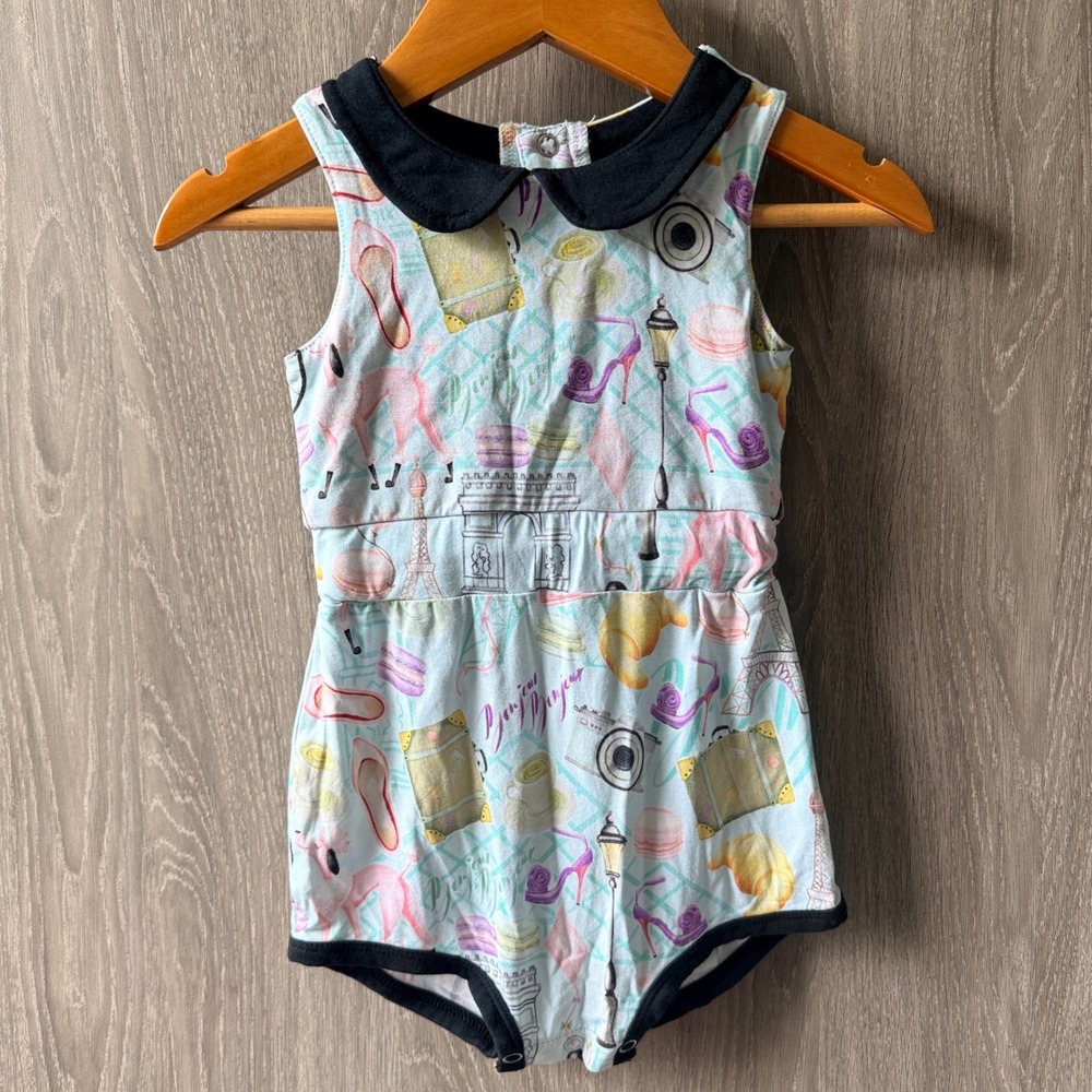 Birdie Bean Romper Girl 12-18 Months Blue Paris Poodle Bamboo French Chic Bubble